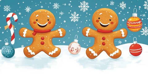 A cheerful Christmas-themed illustration featuring three smiling gingerbread cookies surrounded by holiday decorations. 