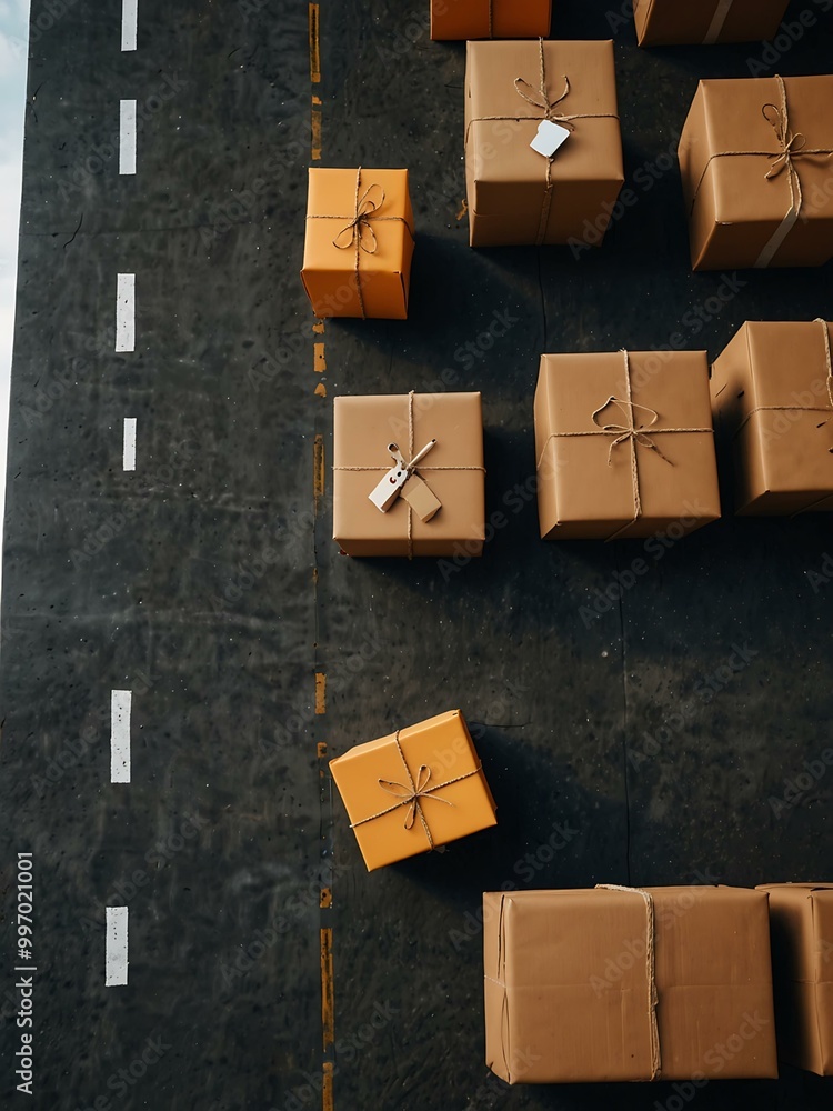 Poster tech-driven supply chain with drones delivering packages globally.