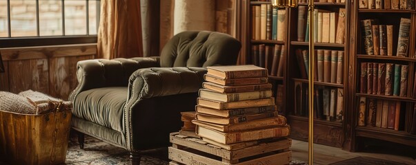 Obraz premium A detailed shot of a cozy corner in a farmhouse library, with a velvet armchair, a stack of old books on a wooden crate, and a brass floor lamp providing a warm glow