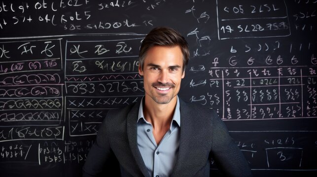 A smiling man standing confidently in front of a blackboard filled with complex mathematical equations, radiating expertise and intellectual charm.