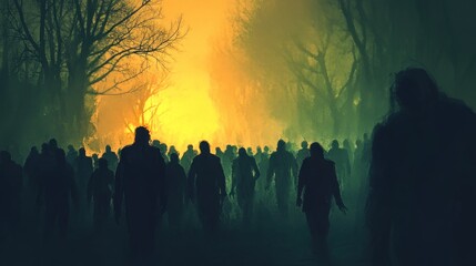 Horror silhouette of a scary group of zombies against a dramatic evening sky background wallpaper AI generated image