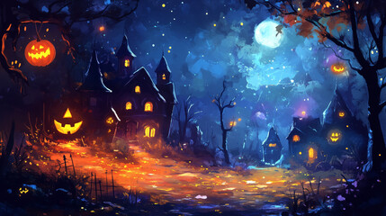 „Kolorowa i abstrakcyjna scena Halloween przedstawia surrealistyczny świat, w którym dynie świecą się w różnych odcieniach pomarańczy i fioletu.