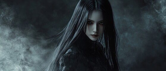 Obraz premium Asian woman in a dark mysterious and scary black costume background wallpaper AI generated image