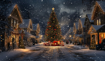 Magical Christmas Village with Snow and Decorations