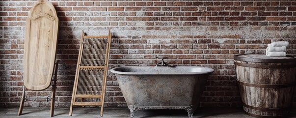 A detailed shot of a farmhouse laundry area with an old-fashioned wash tub, a wooden drying rack, and vintage ironing board against a brick wall