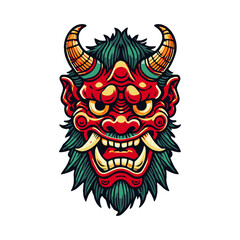 Vector Oni Mask Illustration With horns - Traditional Japanese Demon Design. Perfect clipart for sticker print and other designs