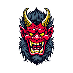 Vector Oni Mask Illustration With horns - Traditional Japanese Demon Design. Perfect clipart for sticker print and other designs