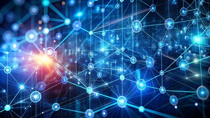 Obraz premium Blockchain Network Concept Big Data Visualization and Cybersecurity. Distributed Ledger Technology with Circles, Lines, and Particles Visualization