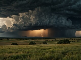 Tumultuous open landscape amid a fierce storm.