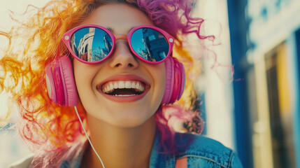 Fototapeta premium Piękna, młoda kobieta z kręconymi włosami w różnych kolorach słucha muzyki, uśmiechając się od ucha do ucha. 
