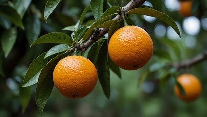 Two oranges dangle from a tree branch.