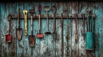 A detailed view of an old farmhouse tool shed with an array of gardening tools hanging on a weathered wooden wall