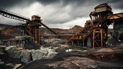 Fototapeta premium An industrial landscape features a sprawling quarry with rusty machinery and dark, stormy skies.