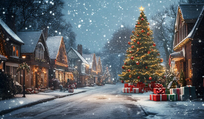 Fototapeta premium Magical Christmas Village with Snow and Decorations