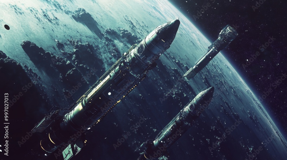 Poster three sleek rockets glide through the cosmos, surrounded by a stunning starry expanse while orbiting