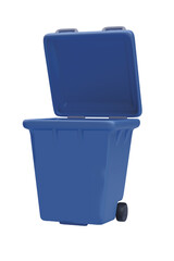 blue trash container with open lid