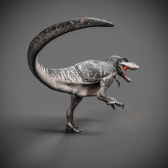 green tyrannosaurus rex is walking on dark background rear view