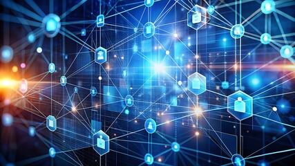 Fototapeta premium Blockchain Network Concept Big Data Visualization and Cybersecurity. Distributed Ledger Technology with Circles, Lines, and Particles Visualization