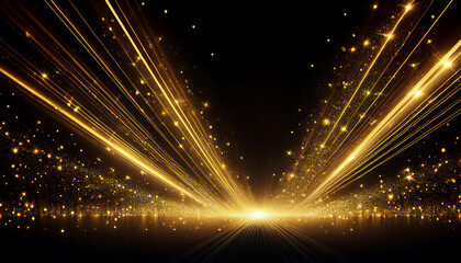 Golden glitter dust in laser beams on black background with copy space and place for text