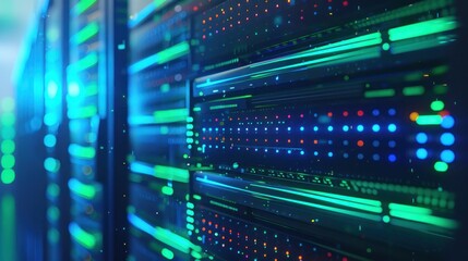 Abstract representation of a data center with illuminated servers and vibrant LED lights on a futuristic backdrop