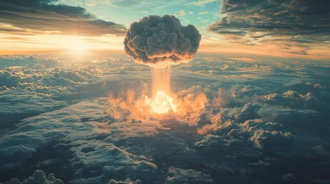 A dramatic mushroom cloud ascending into the sky following a massive nuclear explosion, with shockwaves radiating across the landscape below. 