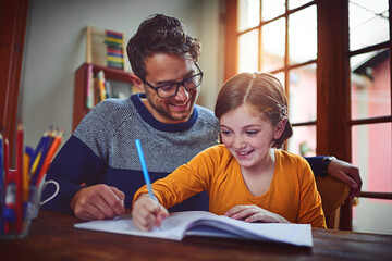 Homework, education and father helping child with studying for private school admission exam....