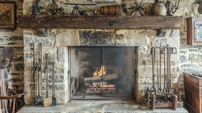 A detailed view of a farmhouse living room featuring a rustic stone fireplace, a vintage wood mantle, and a collection of antique farm implements