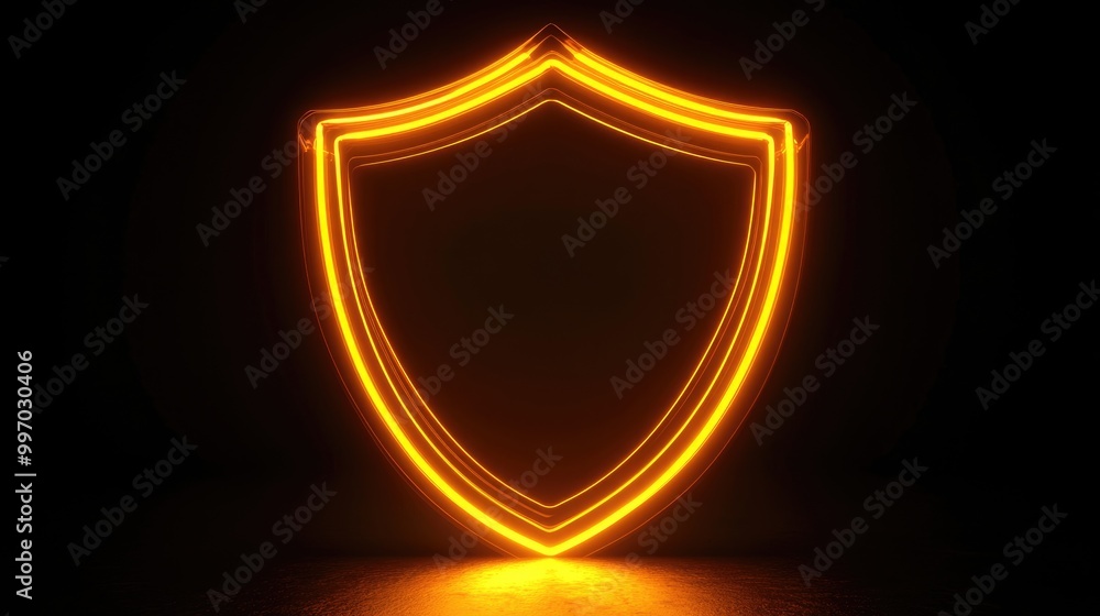 Poster vibrant neon shield in abstract virtual network space. tech symbol on dark background