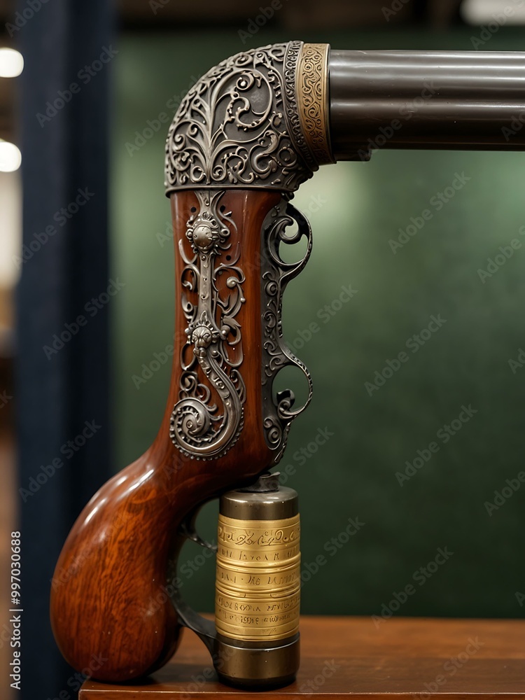 Poster vintage hammerlock shotgun with intricate scrollwork on display.