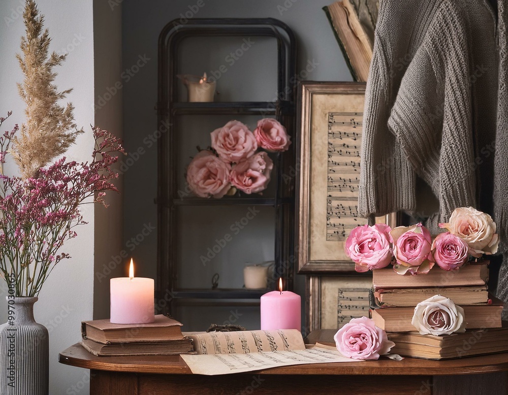 Wall mural romantic still life, flowers, books and candles, comfortable home, serene lifestyle