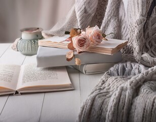 romantic still life, flowers, books and candles, comfortable home, serene lifestyle