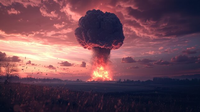 A dramatic mushroom cloud ascending into the sky following a massive nuclear explosion, with shockwaves radiating across the landscape below. 