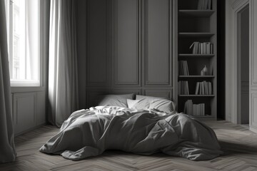 Elegant and Cosy Grey Bedroom with Wooden Furniture and Delicate Linens