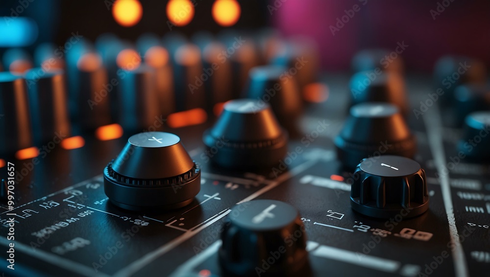 Poster volume buttons controlling an audio mixer in an abstract background.