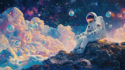 Fototapeta premium An astronaut peacefully sits among colorful cosmic clouds and bubbles, exploring the beauty of the universe.