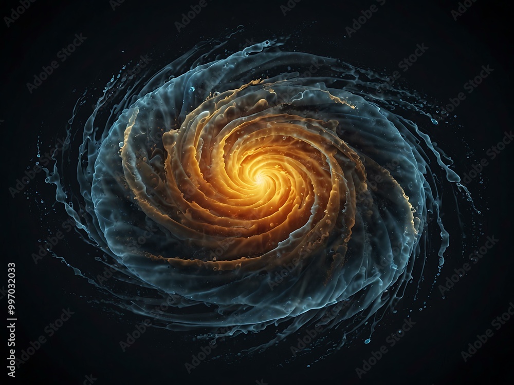 Poster water circulation creating a dust particle whirlwind; digital visualization.