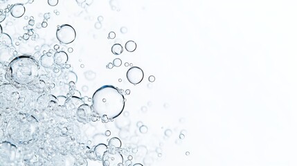 Crystal clear water bubbles gracefully float against a solid white backdrop, showcasing simplicity and transparency in a strikingly clean design