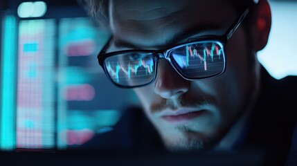 A trader intensely analyzing stock exchange graphs on a laptop, with reflections visible in glasses, focusing on detailed financial analysis.