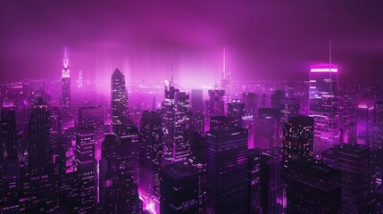 Obraz premium A breathtaking aerial view of a futuristic city skyline illuminated in vibrant purple tones amidst a misty atmosphere