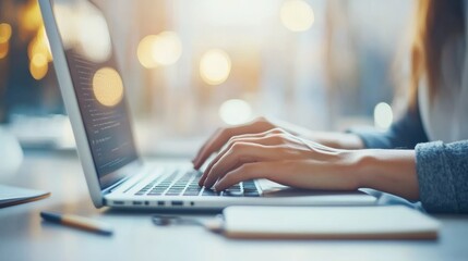 A person is typing quickly on a laptop in a contemporary office setting, sunlight streaming through nearby windows, with a notebook beside them