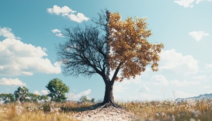 Fototapeta premium A tree outdoors depicted as half alive and half dead, symbolizing environmental change and global warming.