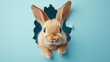 Obraz premium A cute rabbit poking its head through a hole in a blue wall, exuding charm and playfulness in a whimsical setting.