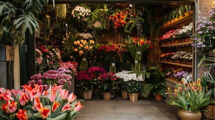 A vibrant flower shop filled with various colorful blooms and lush greenery.