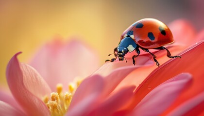 A vibrant ladybug navigates the delicate petal of a spring flower, a symbol of new beginnings.