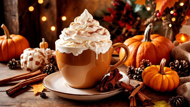 Cozy pumpkin spice latte in a festive caf&eacute; setting. AI generated.	