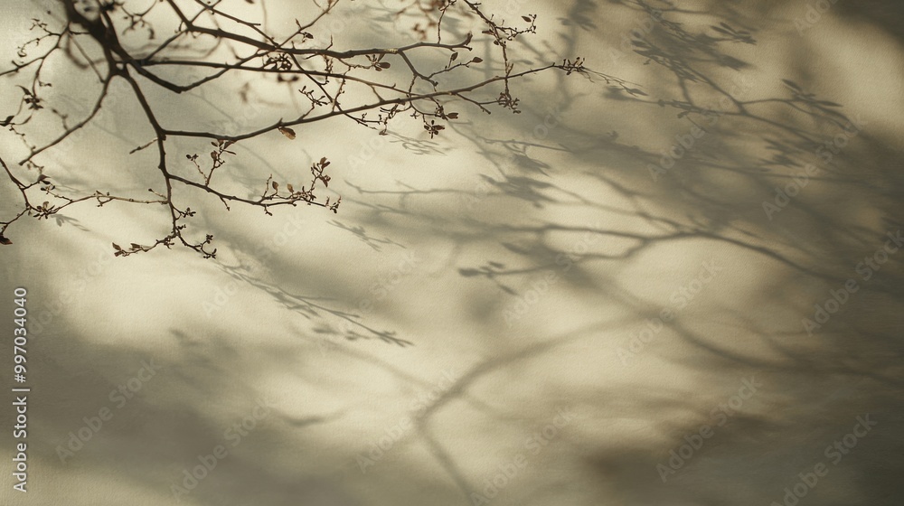 Poster a tree branch casts delicate shadows, forming intricate patterns on a neutral backdrop, illuminated 