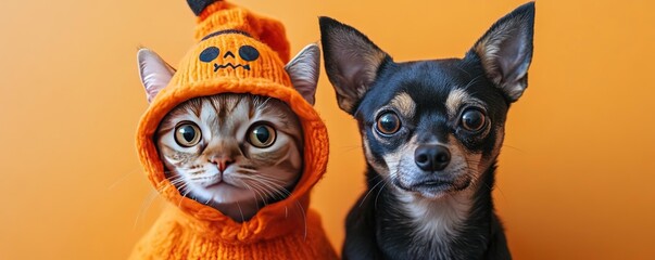 Fototapeta premium A cute cat in a pumpkin hoodie sits next to a dog, both showcasing playful personalities against an orange background.