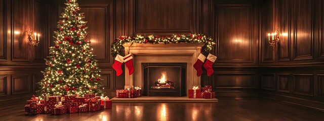 A Christmas tree with presents underneath, a fireplace in the background, red Christmas stockings on the fireplace