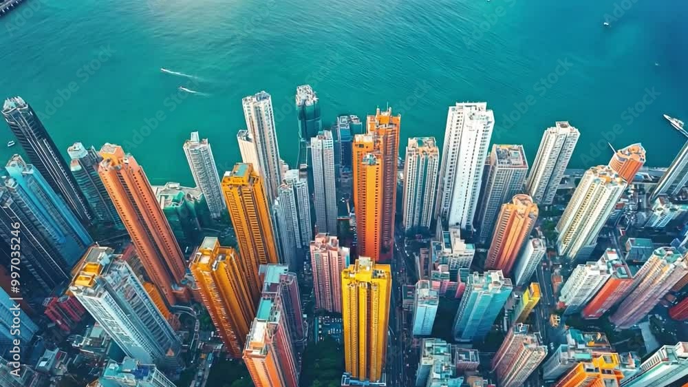 Poster an aerial perspective showcases a dynamic cityscape filled with colorful skyscrapers stretching towa