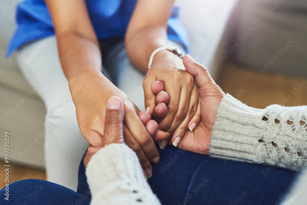 Sticker Holding hands, nurse and old woman with support, empathy and medical with grief, home and hope. Closeup, senior person or professional with pensioner, caregiver or sympathy with comfort or compassion